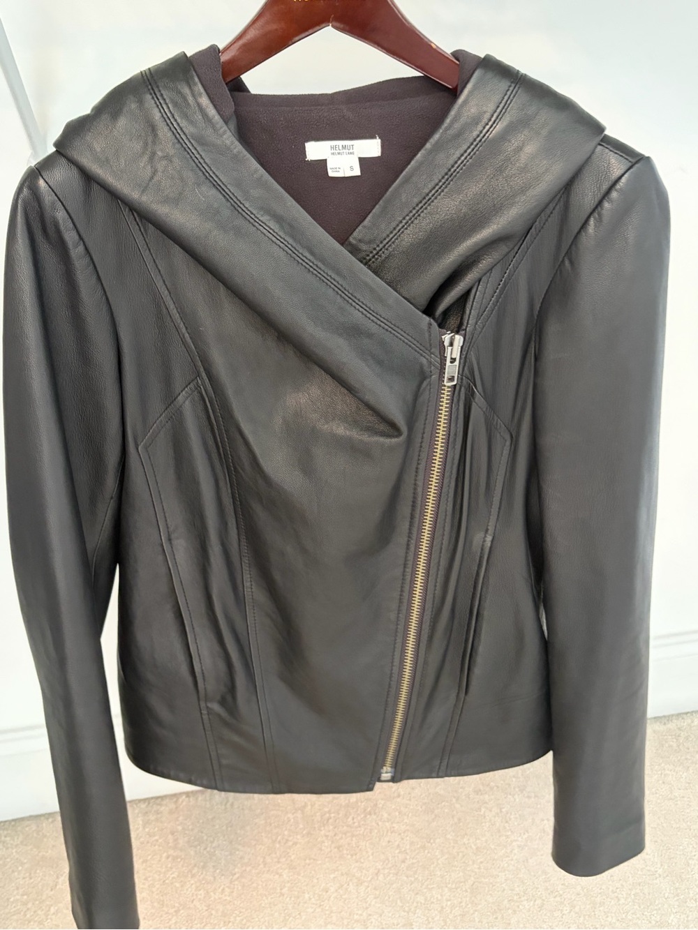 Helmut Lang Black Leather Hooded Asymmetrical Zip Jacket